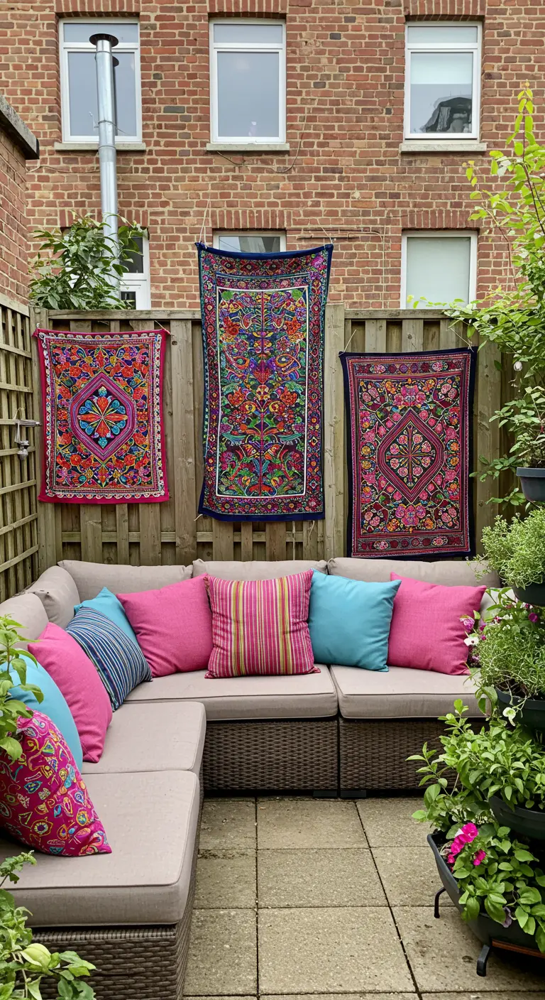 Patio con valla de madera decorada con tres tapices étnicos de colores vibrantes colgados.