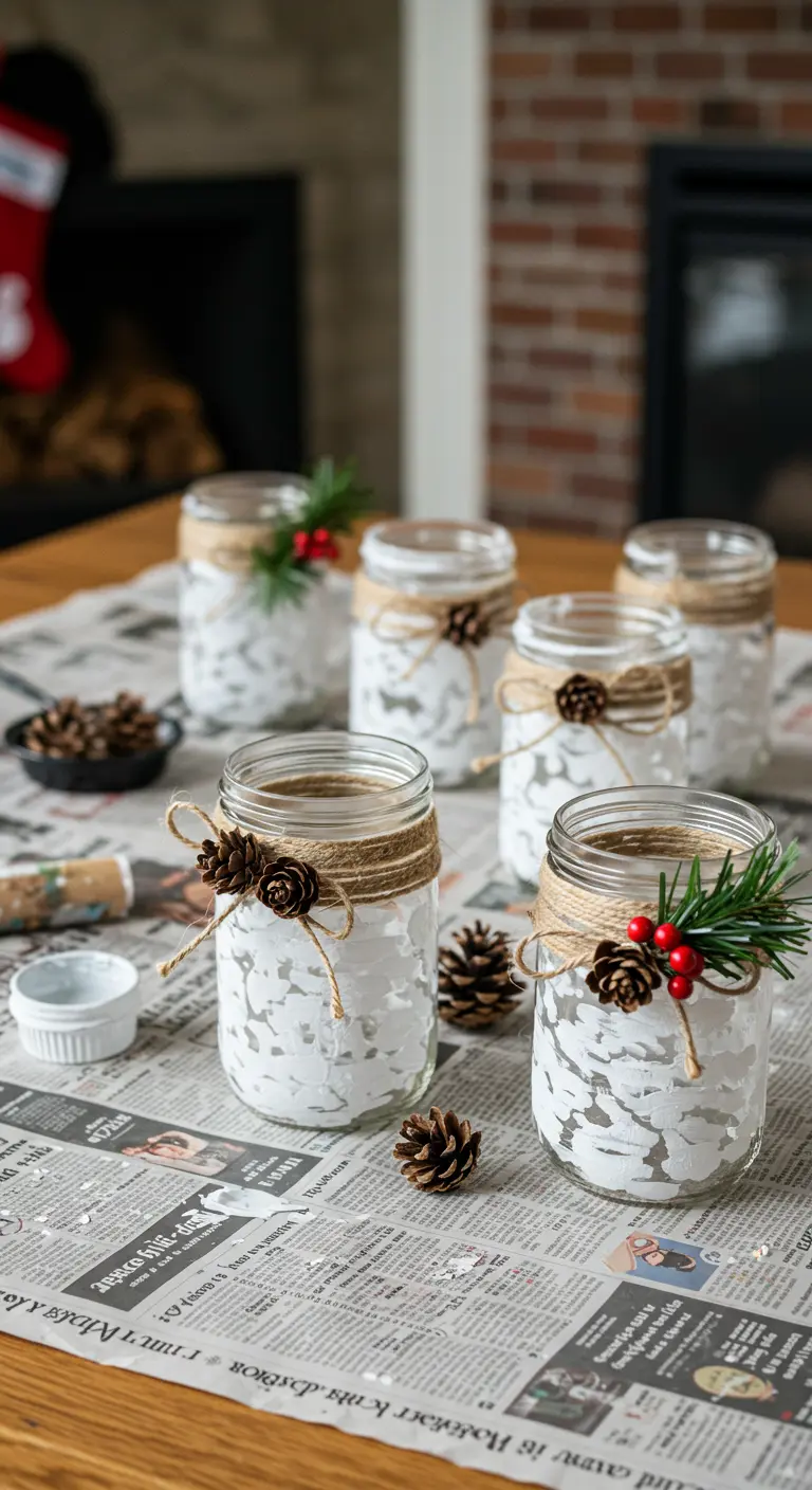 Frascos pintados de blanco con efecto nevado, decorados con yute, piñas y bayas.