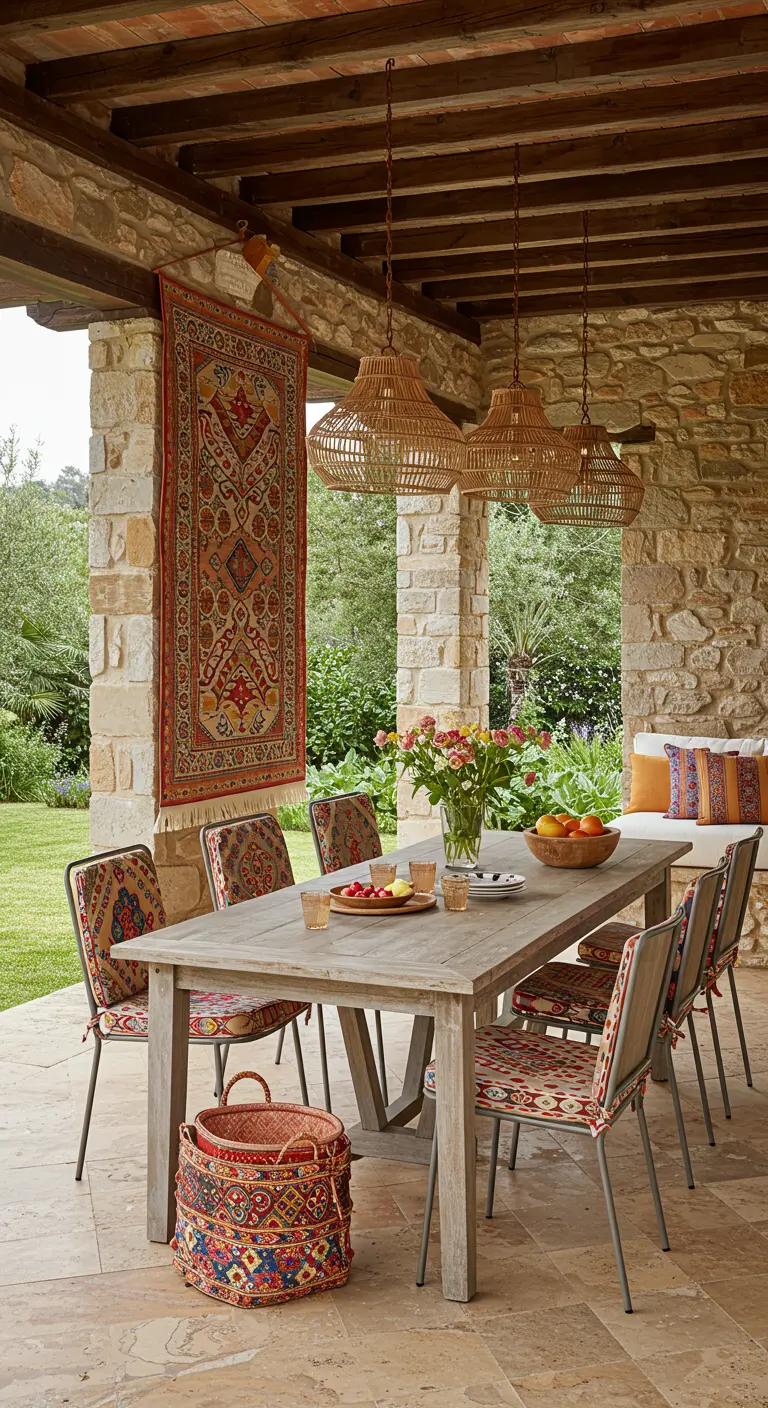 Comedor exterior en porche de piedra con tapiz persa en la pared y lámparas de mimbre colgantes.