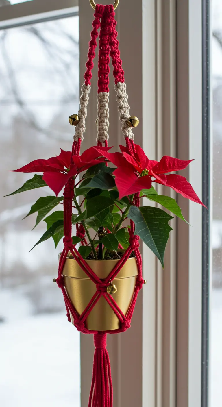 Colgador de macramé rojo y blanco con cascabeles, sosteniendo una flor de Pascua en una maceta dorada.