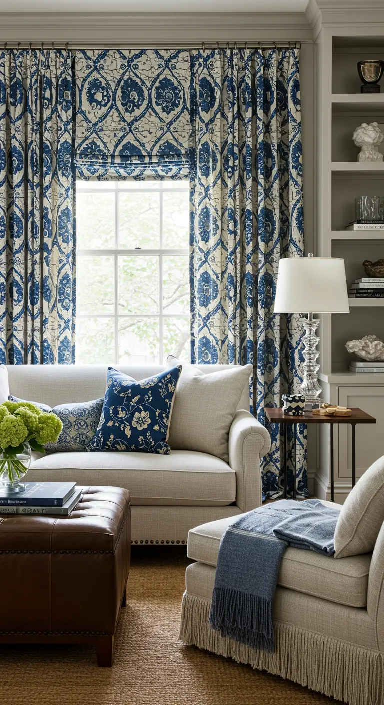 Salón elegante con cortinas de estampado tribal en azul y blanco y un sofá beige.