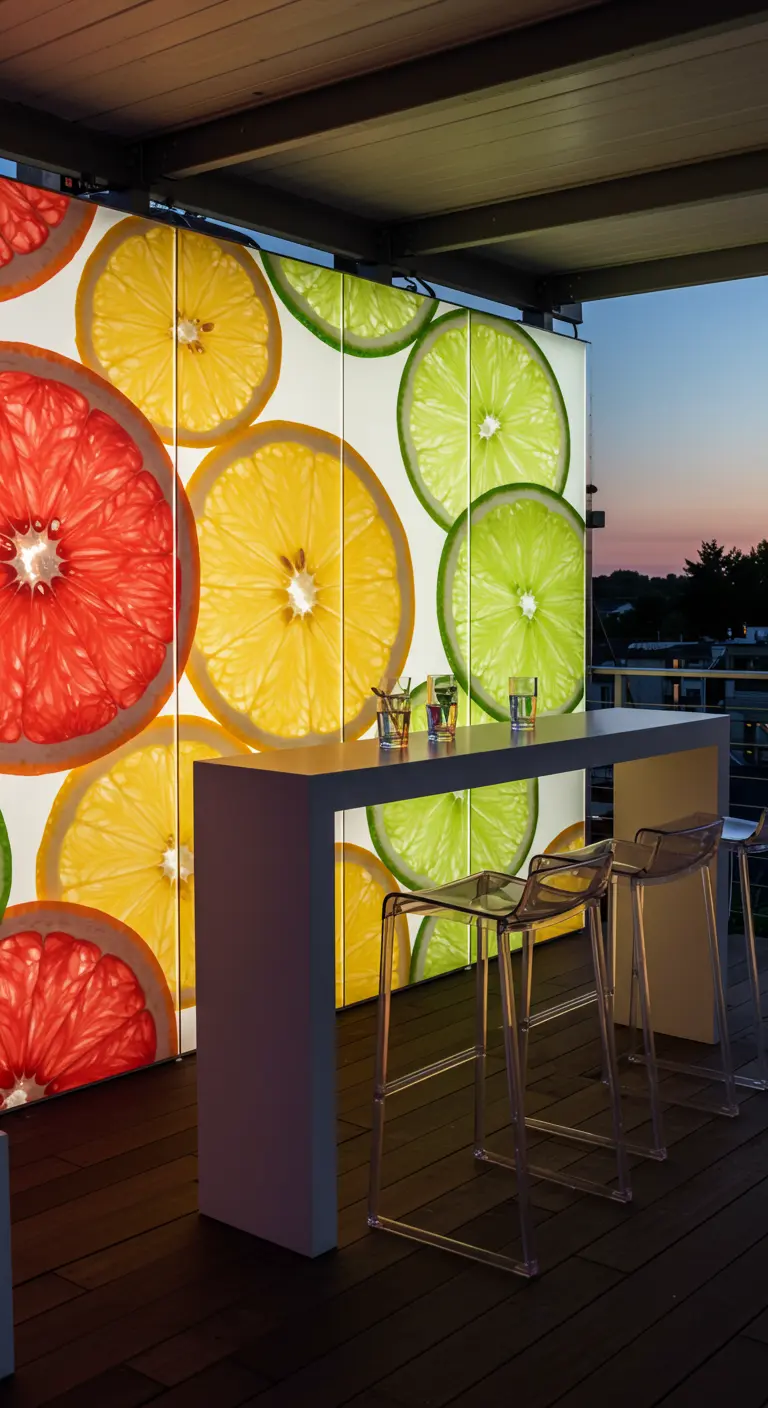 Pared retroiluminada con imágenes gigantes de rodajas de cítricos detrás de una barra de bar exterior.