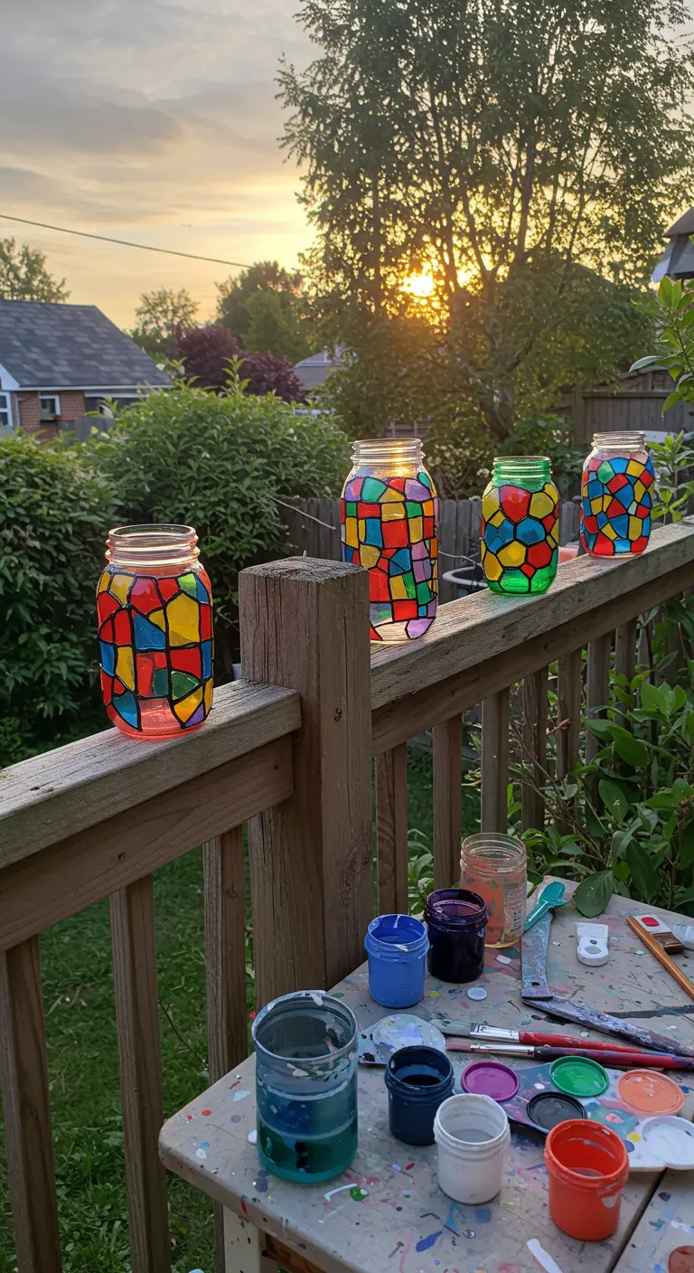 Frascos pintados con efecto vitral de colores vivos, colocados sobre una barandilla de madera.