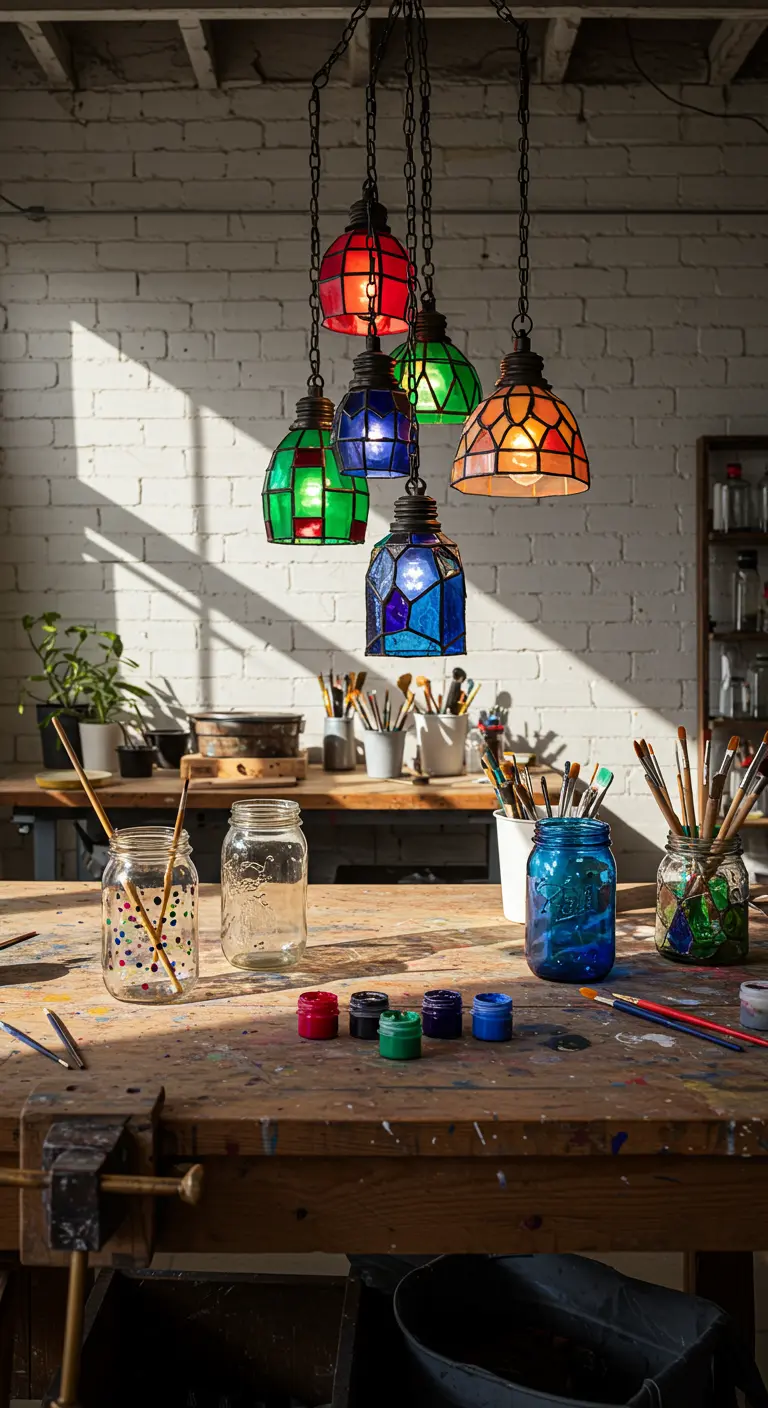 Lámparas colgantes DIY estilo vitral en colores vivos sobre una mesa de taller de arte.