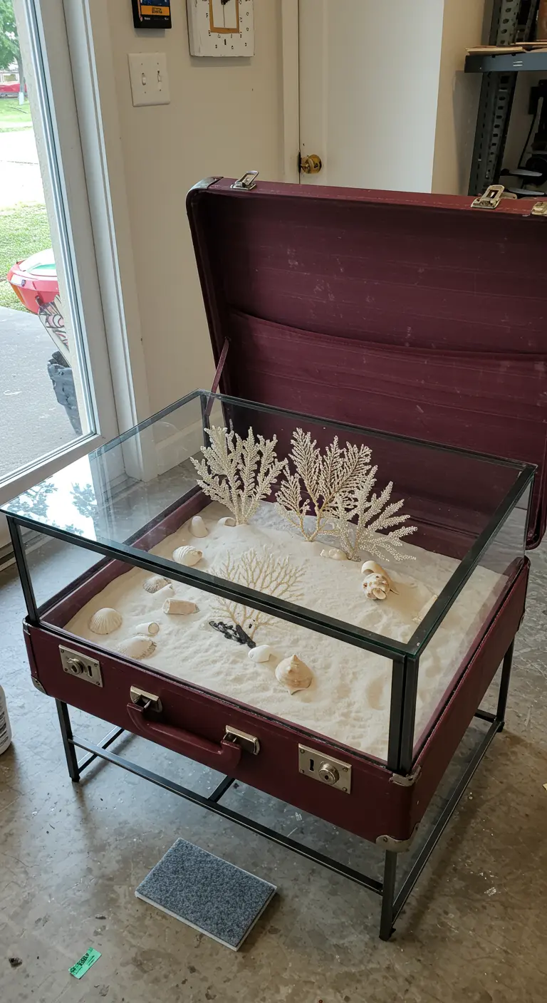 Maleta de color vino abierta y convertida en una vitrina con arena y corales.