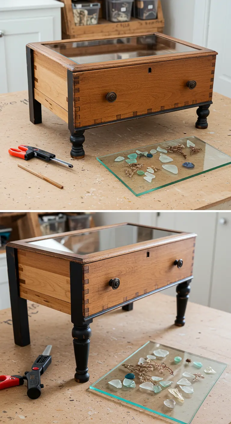 Mesa-vitrina hecha con un cajón de madera con tapa de cristal para exhibir objetos pequeños