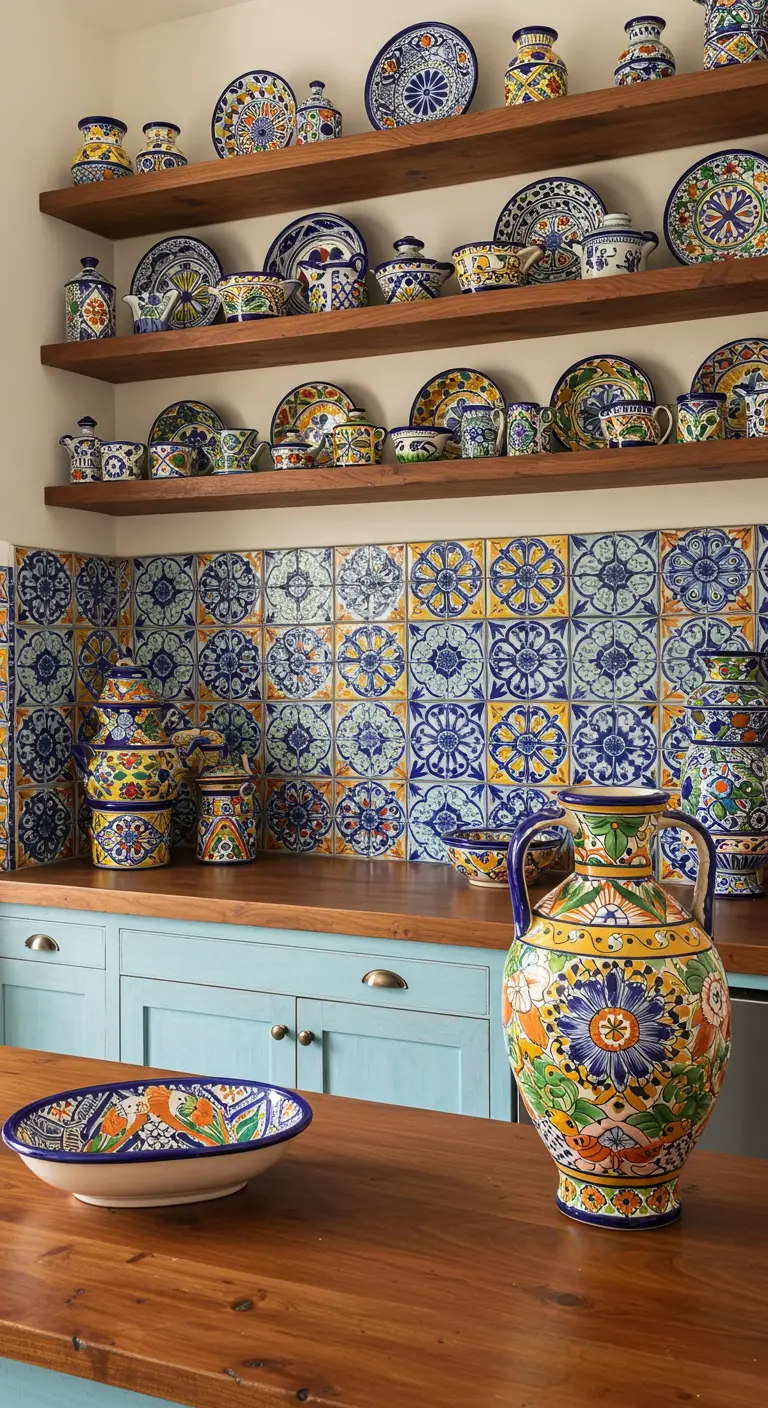 Cocina colorida con azulejos y abundante cerámica de estilo Talavera mexicano.