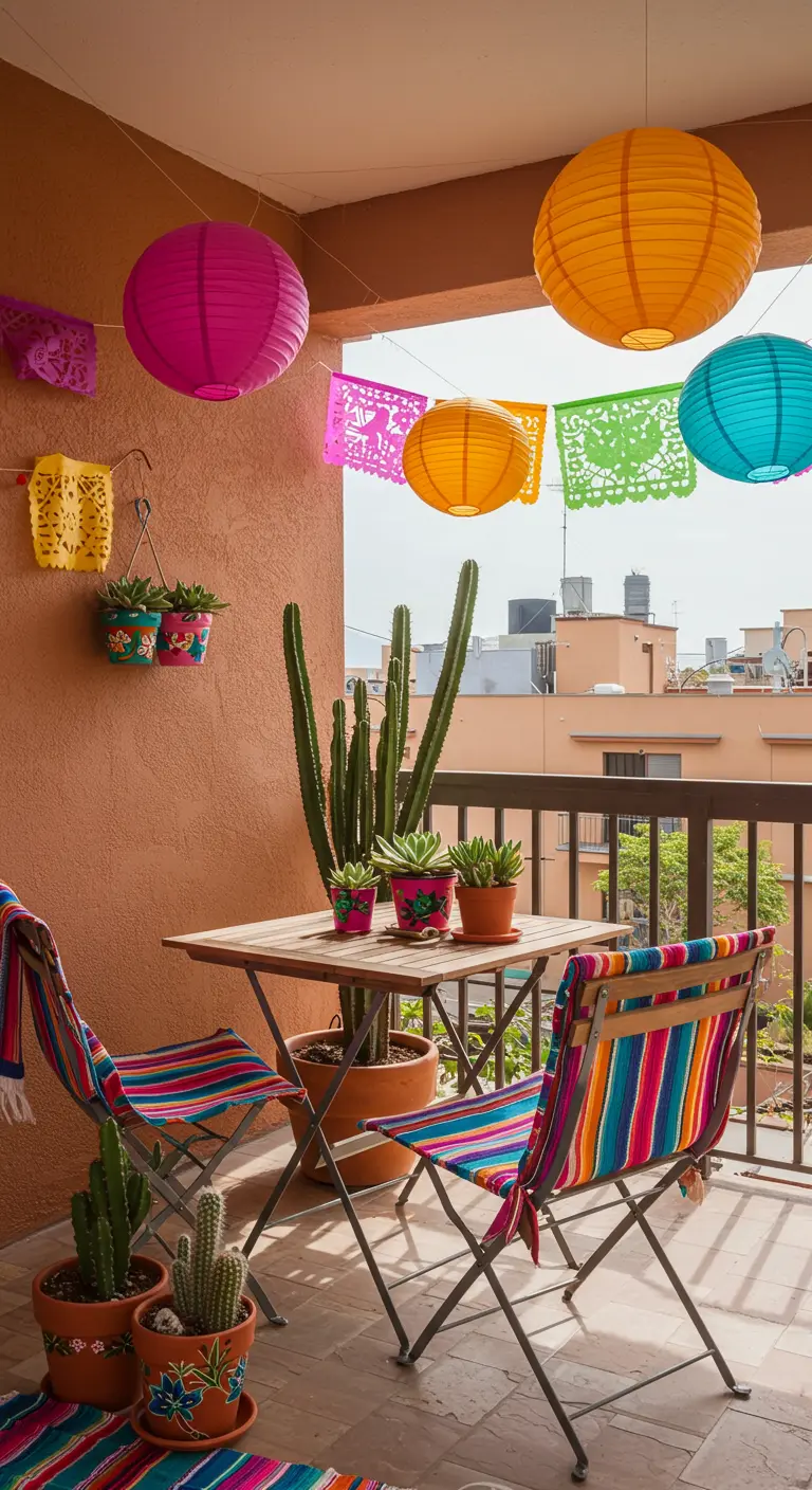 Balcón de estilo mexicano con lámparas de papel de colores, papel picado, cactus y sillas a rayas