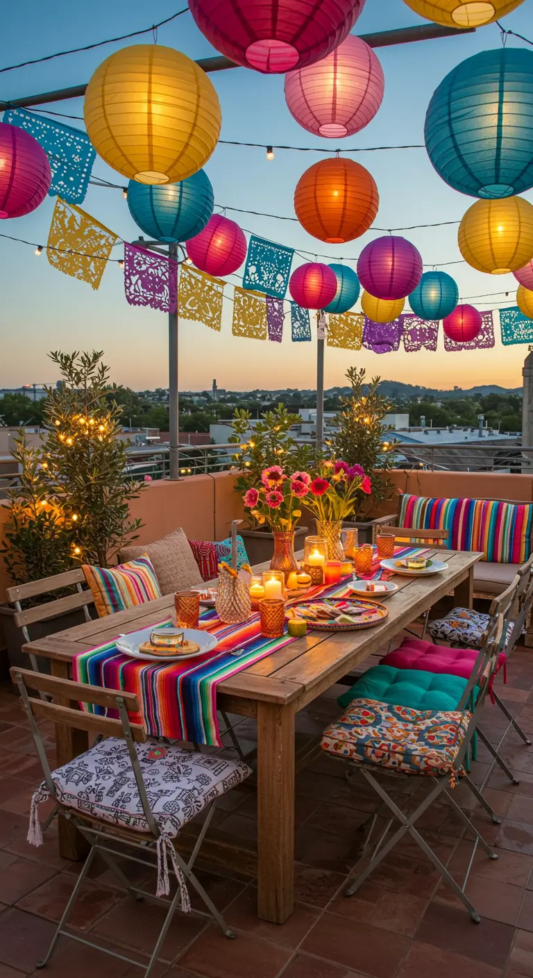 Azotea con farolillos de colores, papel picado y una mesa de comedor festiva.