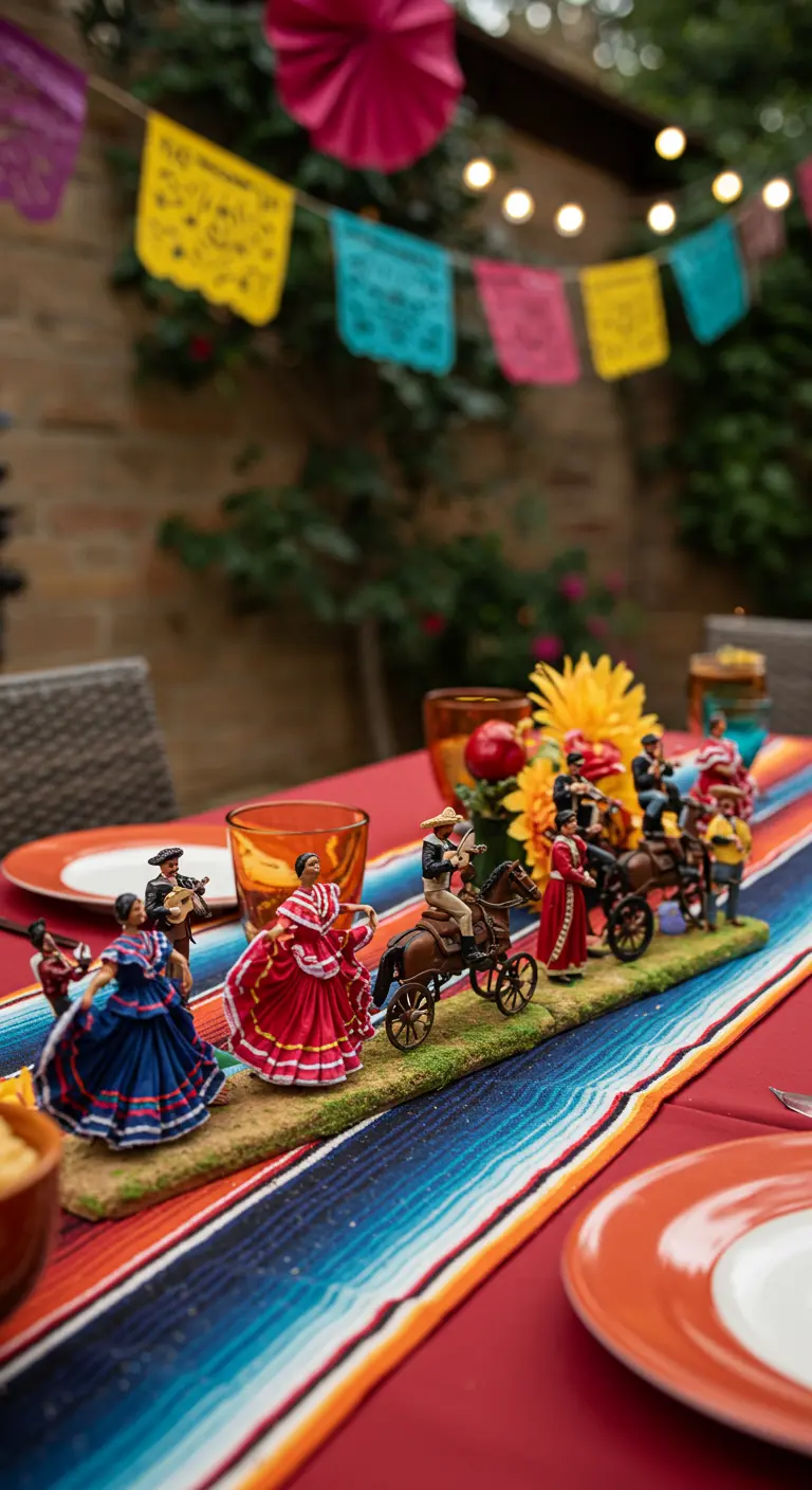 Procesión de figuras de fiesta mexicana sobre un camino de mesa de sarape de colores.