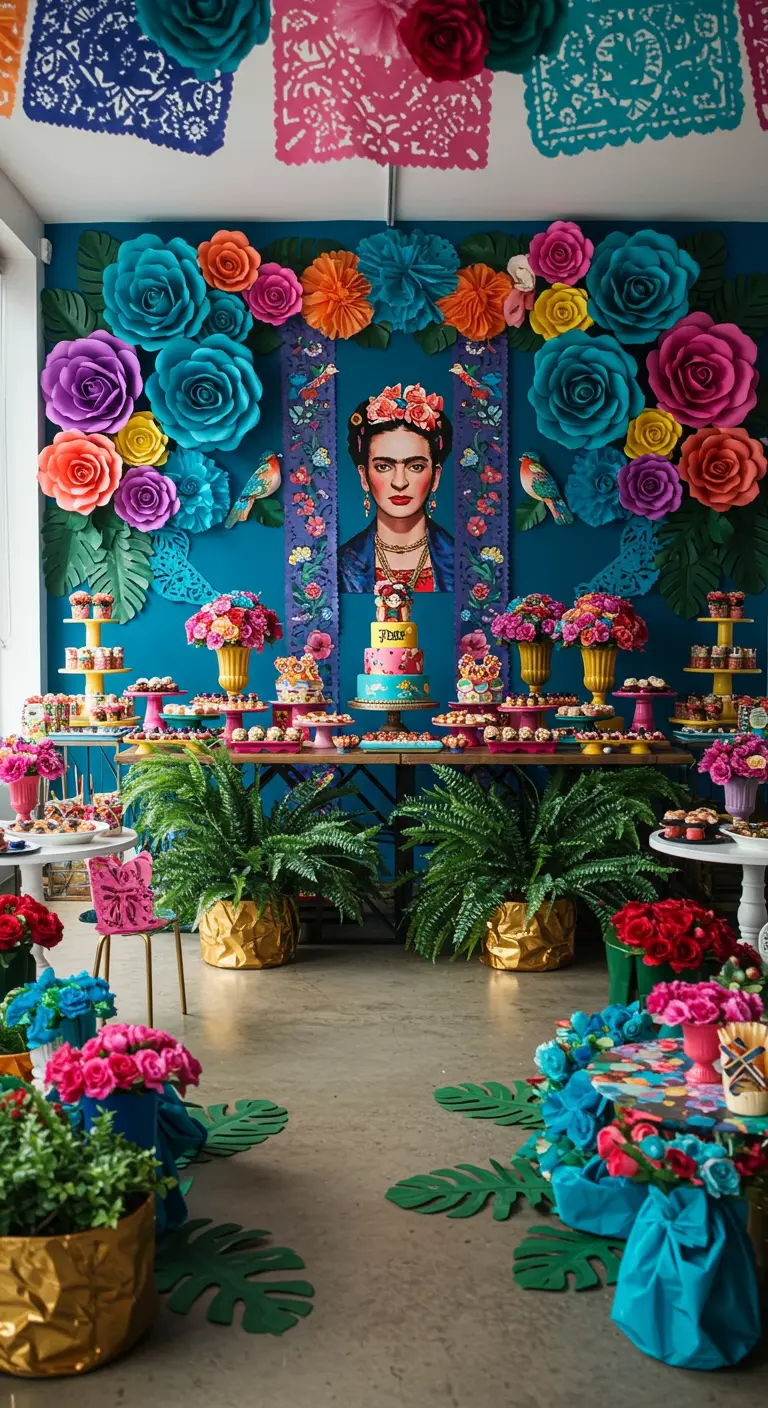 Mesa de postres temática de Frida Kahlo, con flores de papel gigantes y papel picado.