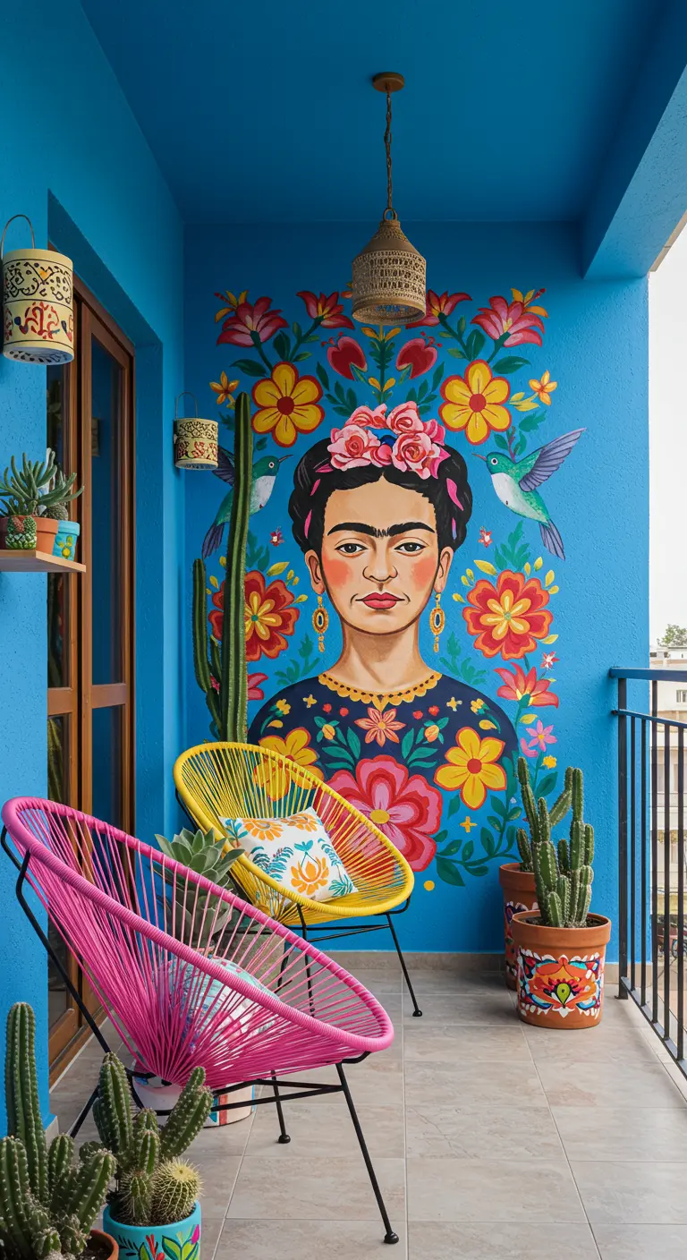 Balcón azul vibrante con un mural de Frida Kahlo, sillas Acapulco y cactus.