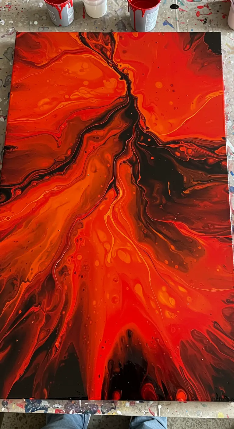 Lienzo abstracto con la técnica de vertido de pintura en tonos rojos, naranjas y negros.