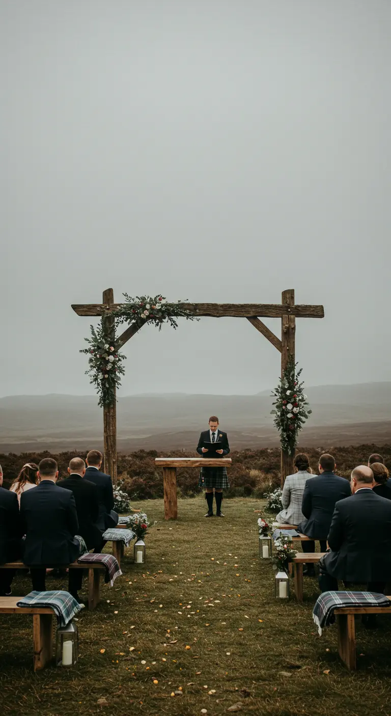 Altar rústico de vigas de madera gruesa en un paisaje de colinas escocesas.