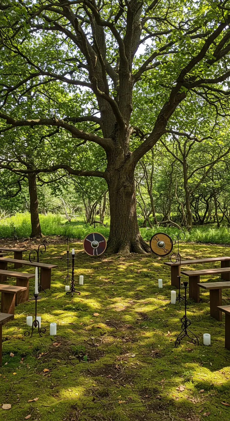 Zona de ceremonia en un bosque con bancos de madera y escudos vikingos junto a un árbol.