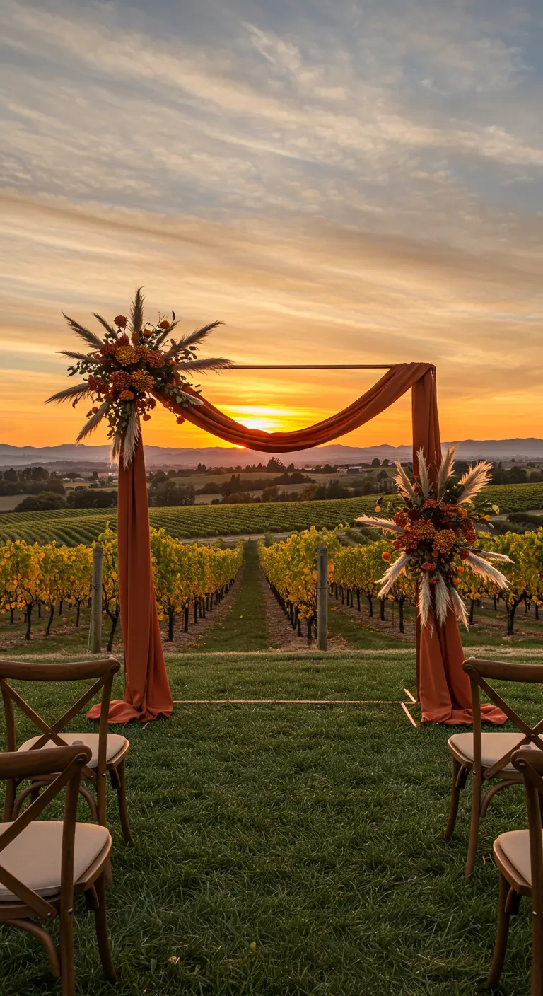 Arco de boda con tela terracota frente a un viñedo al atardecer.
