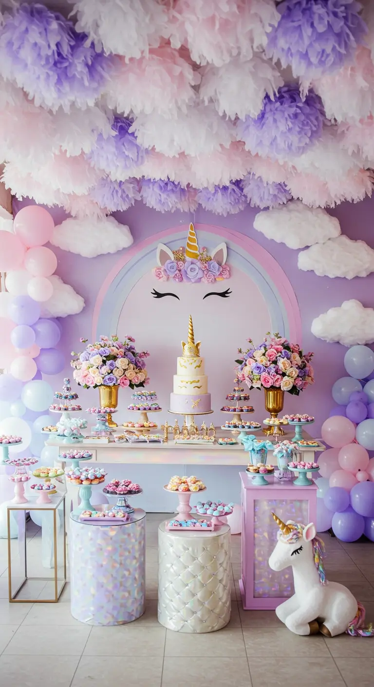Mesa de postres de unicornio con un fondo de arcoíris y nubes de papel.