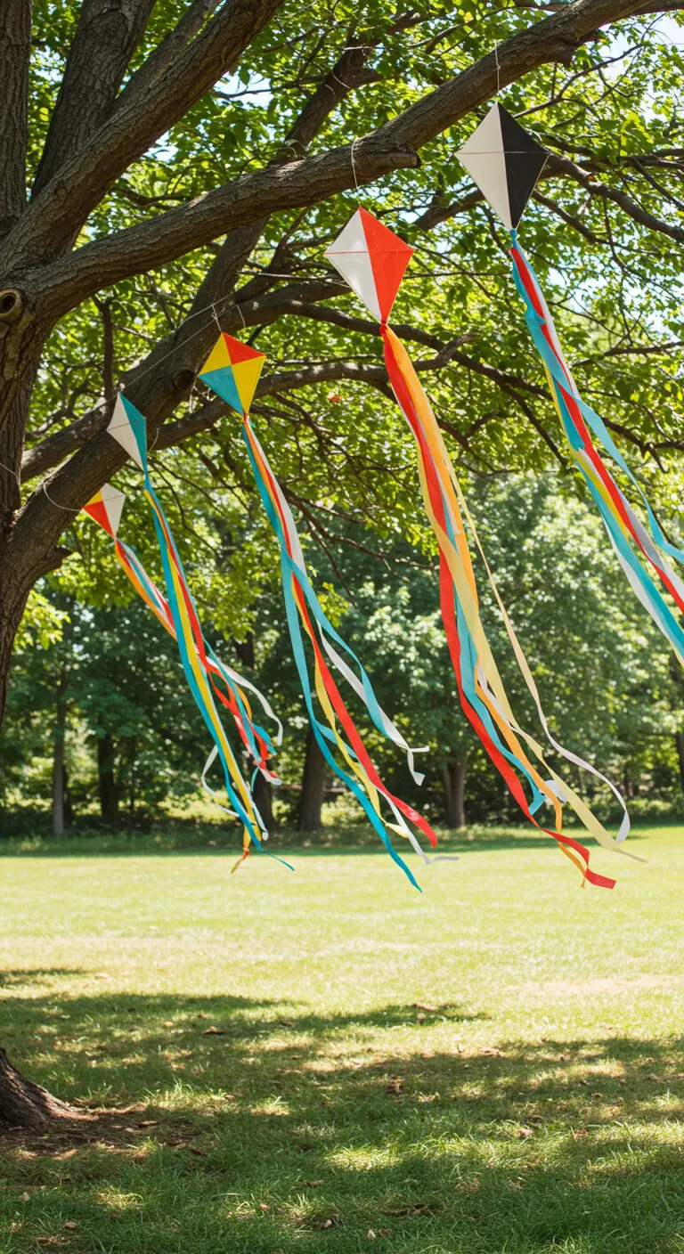 Cometas de papel de colores con largas colas de cinta colgando de un árbol.