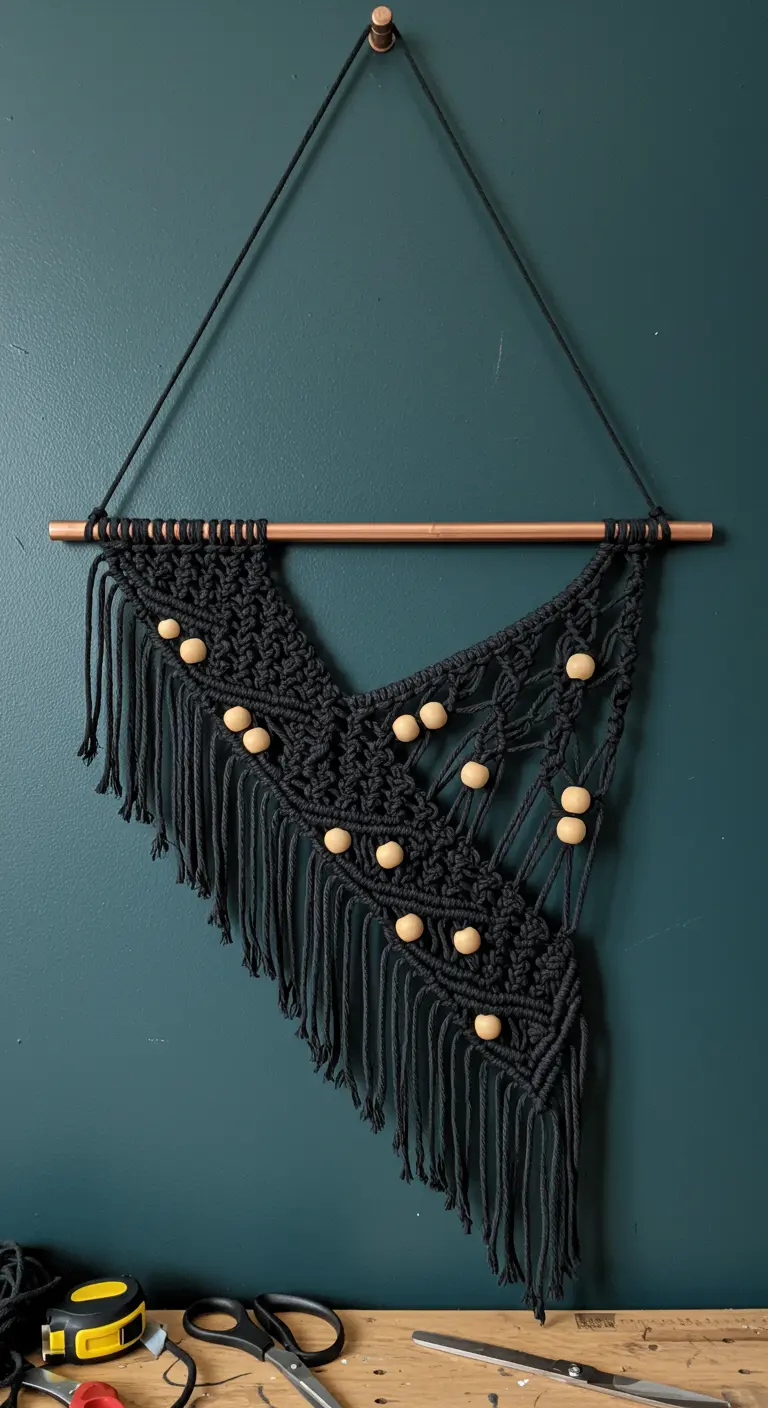 Tapiz de macramé asimétrico negro con cuentas de madera, colgado de una barra de cobre.