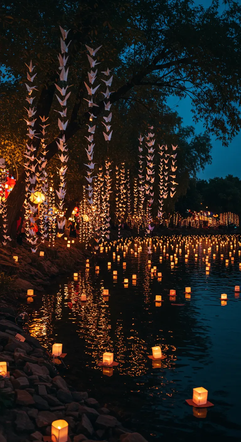 Cientos de guirnaldas de grullas de papel iluminadas colgando sobre un lago con linternas flotantes.