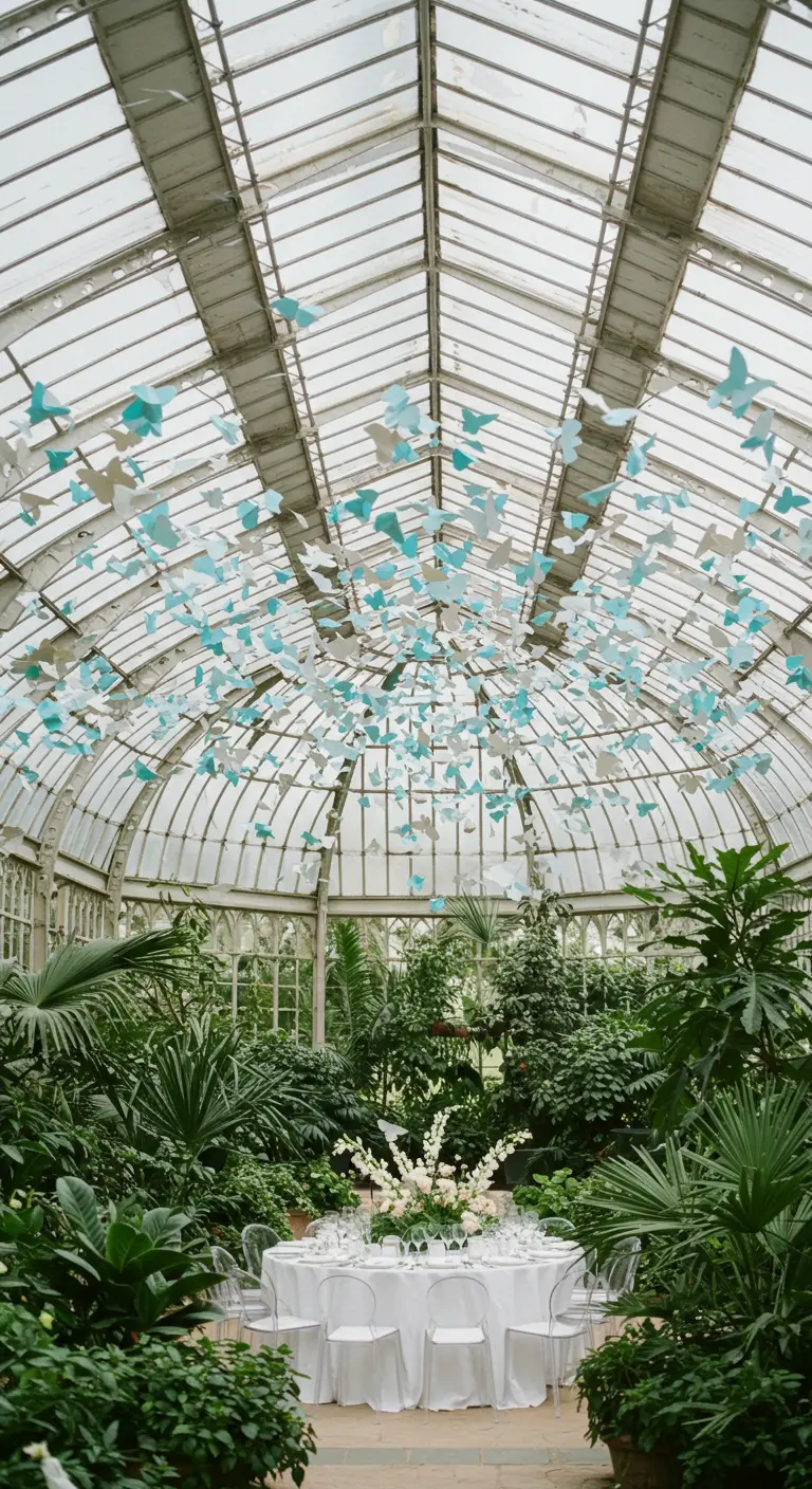Cientos de mariposas de papel en tonos azules y blancos colgando del techo de un invernadero.