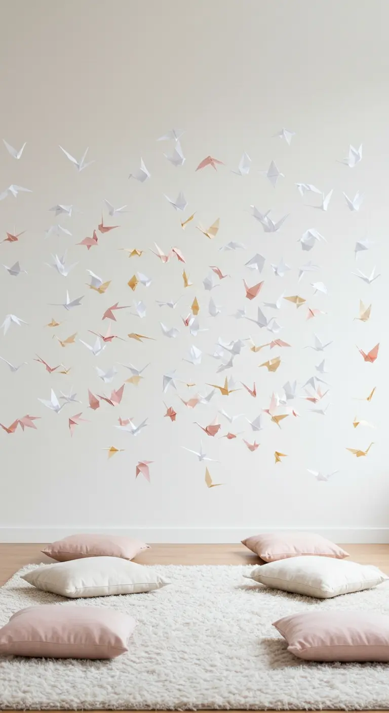 Pared blanca con una bandada de pájaros de origami en tonos blanco, rosa y dorado.