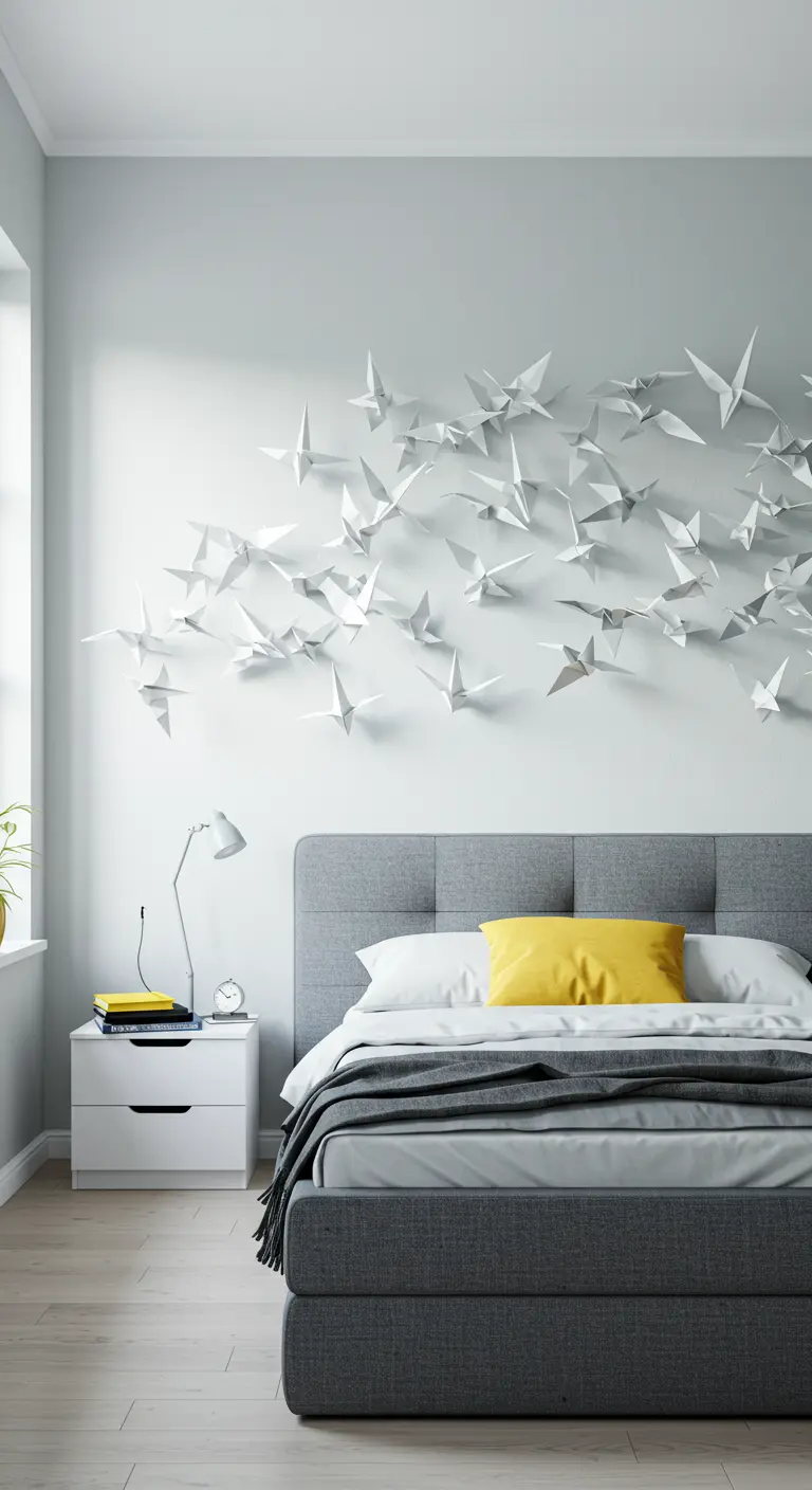 Instalación de arte mural con pájaros de papel blanco en 3D volando sobre un cabecero gris.