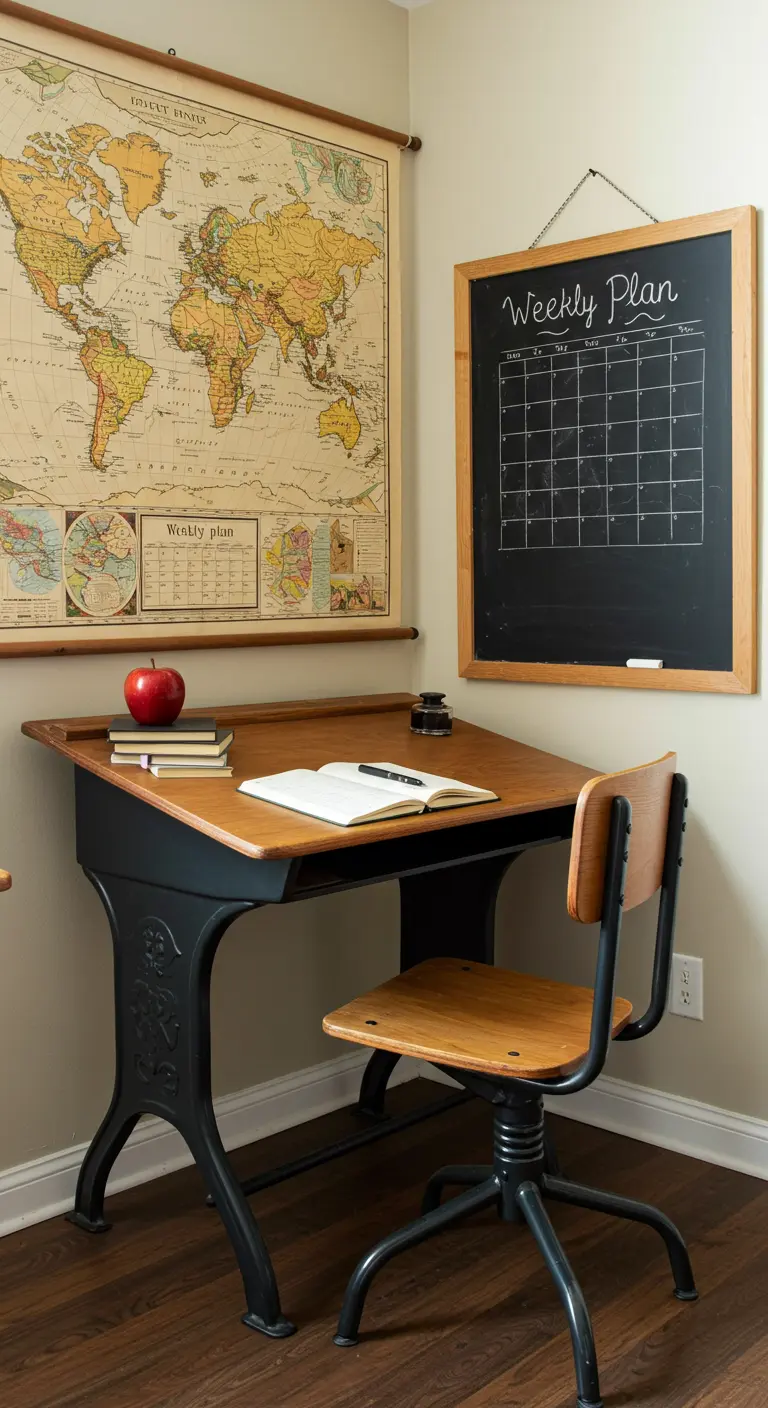 Rincón de estudio con un pupitre escolar antiguo, una pizarra negra y un mapa vintage en la pared.