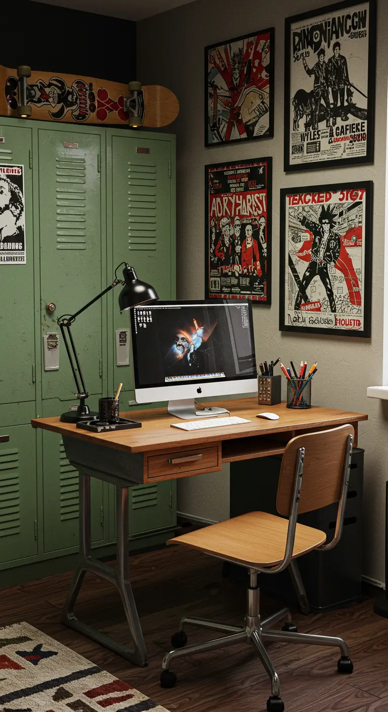 Estudio con taquillas metálicas de color verde, escritorio de estilo escolar y pósteres de rock en la pared