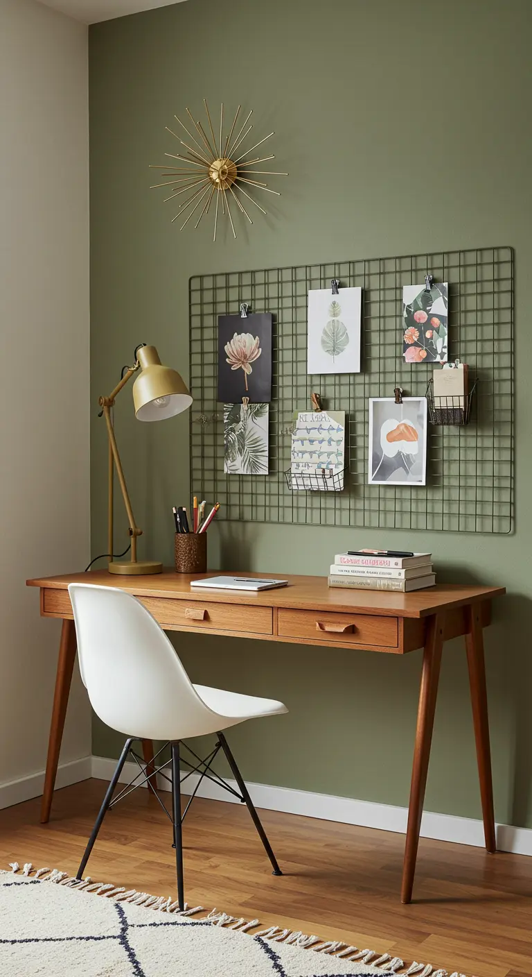 Zona de trabajo de estilo mid-century con pared verde oliva, escritorio de madera y silla blanca de diseño.