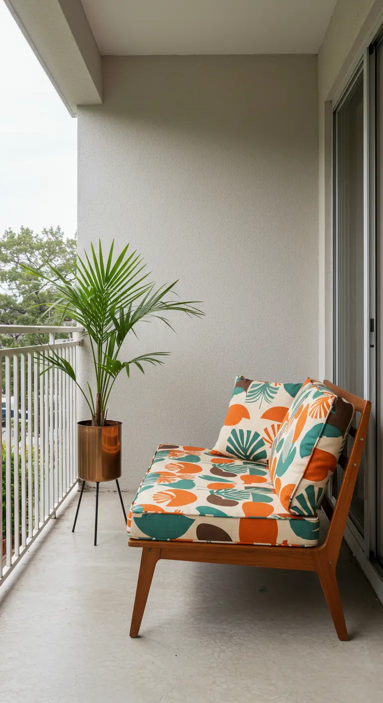 Balcón de estilo mid-century con sofá de madera y cojines con estampado retro-tropical
