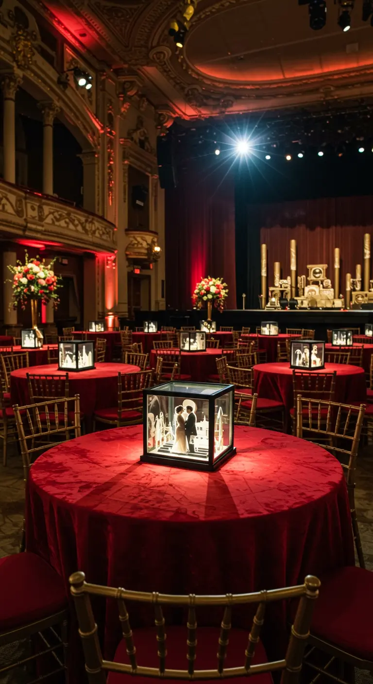 Centro de mesa en forma de caja de luz que muestra una silueta de la pareja de novios.