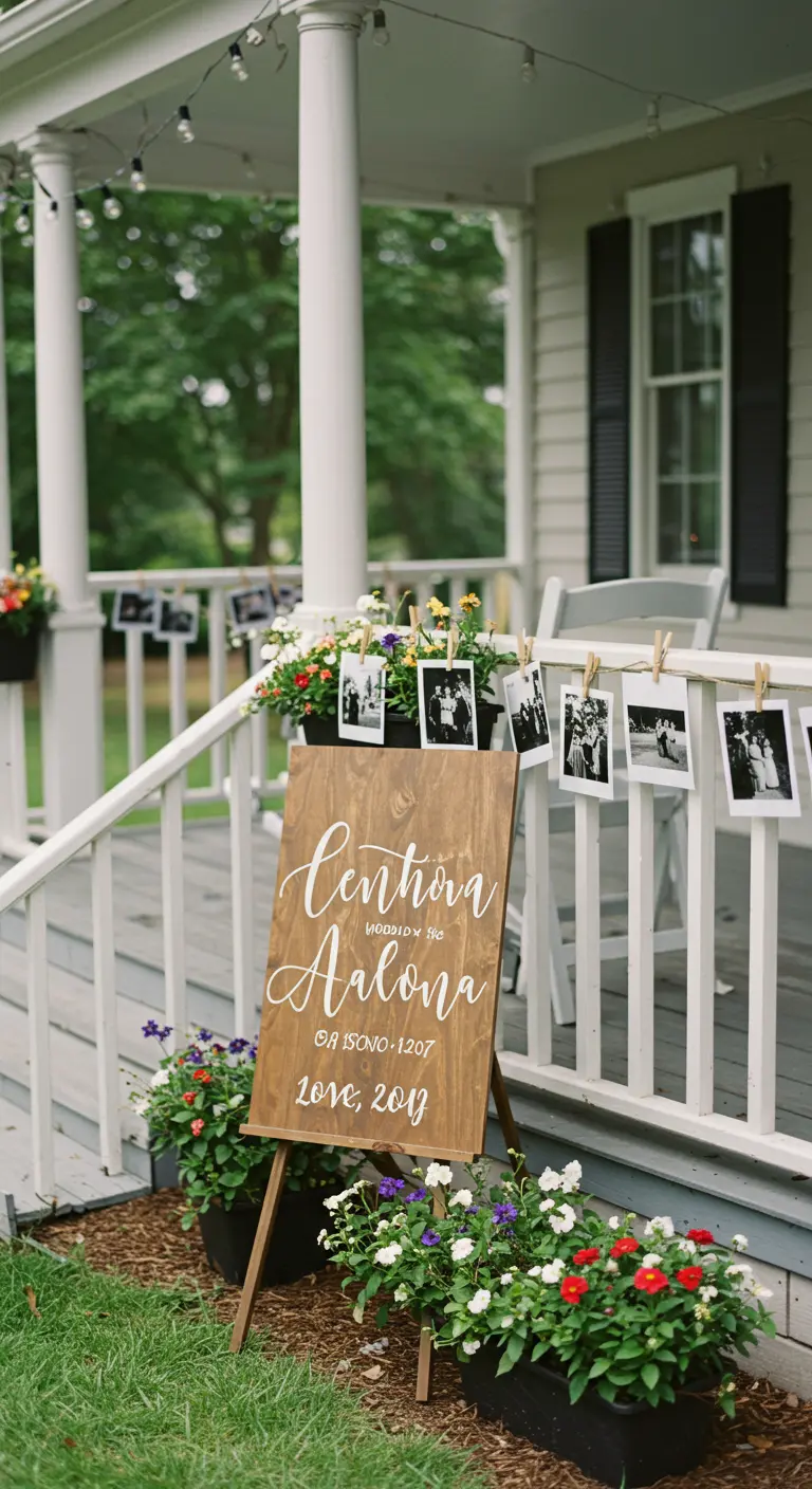 Decoración de porche con un cartel de bienvenida de madera y una guirnalda de fotos colgadas con pinzas.