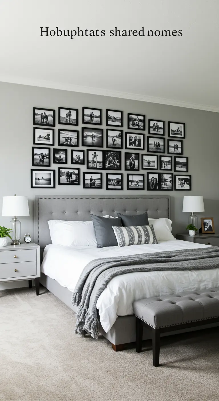 Pared sobre la cama decorada con una galería de fotos en blanco y negro en una cuadrícula perfecta