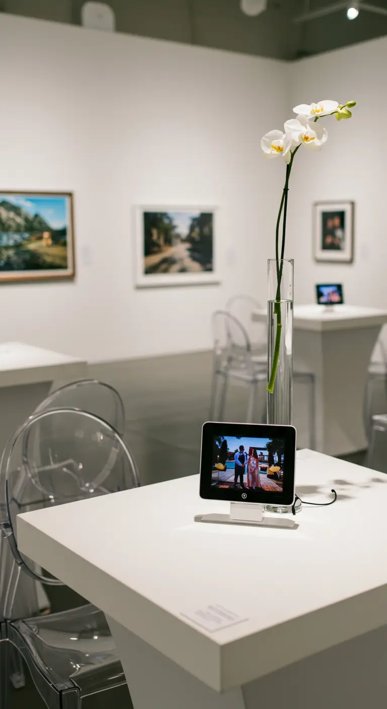 Marco de fotos digital mostrando una foto de la pareja en una mesa blanca y moderna.