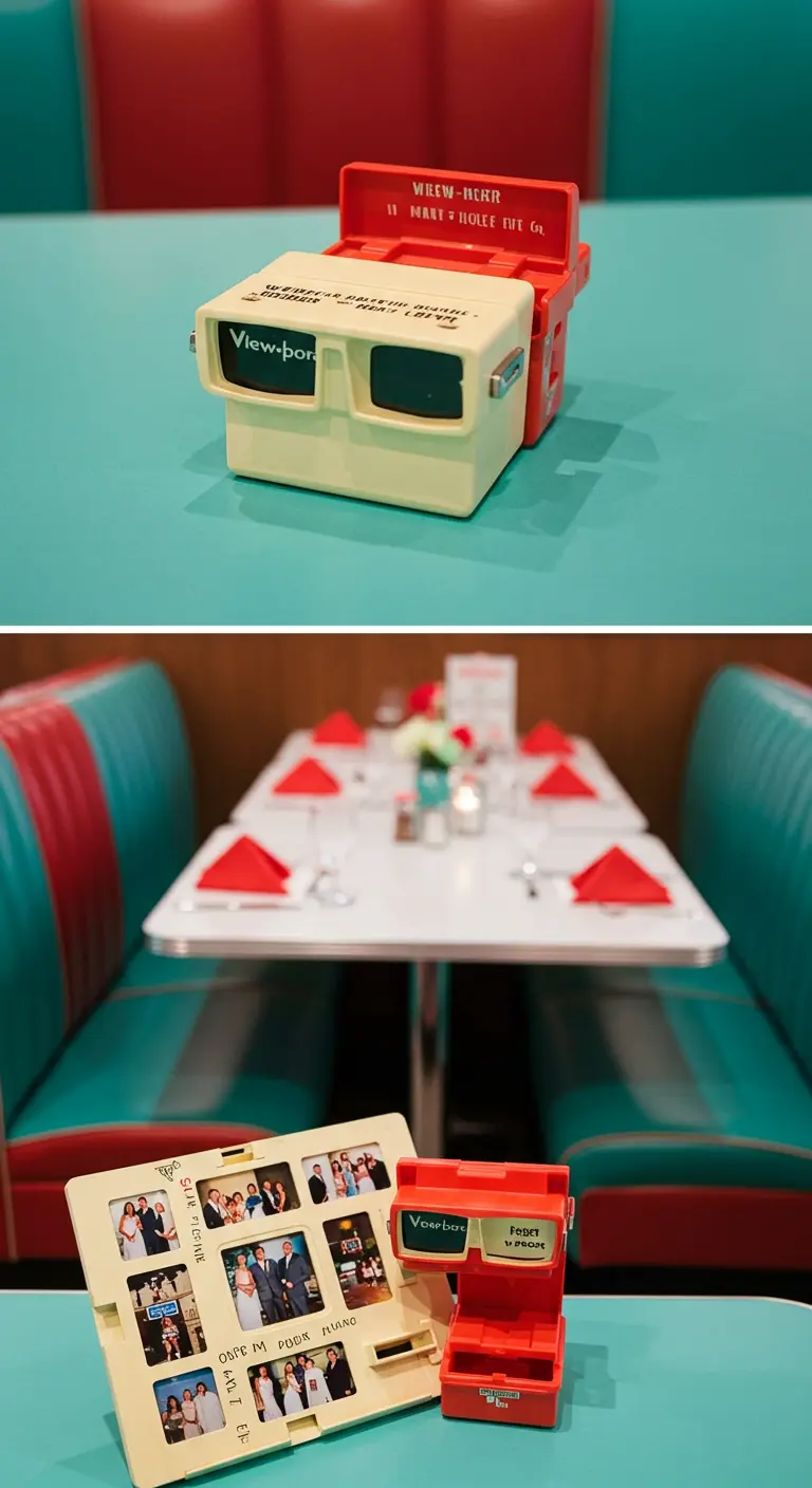 Un visor View-Master retro y un carrete personalizado con fotos de la pareja en una mesa de diner.