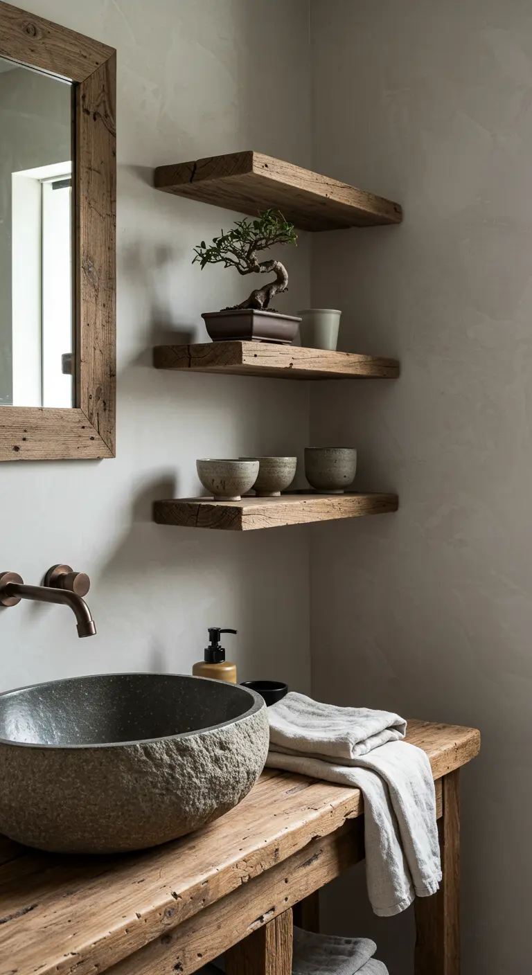 Estanterías esquineras de madera rústica en un baño con lavabo de piedra.