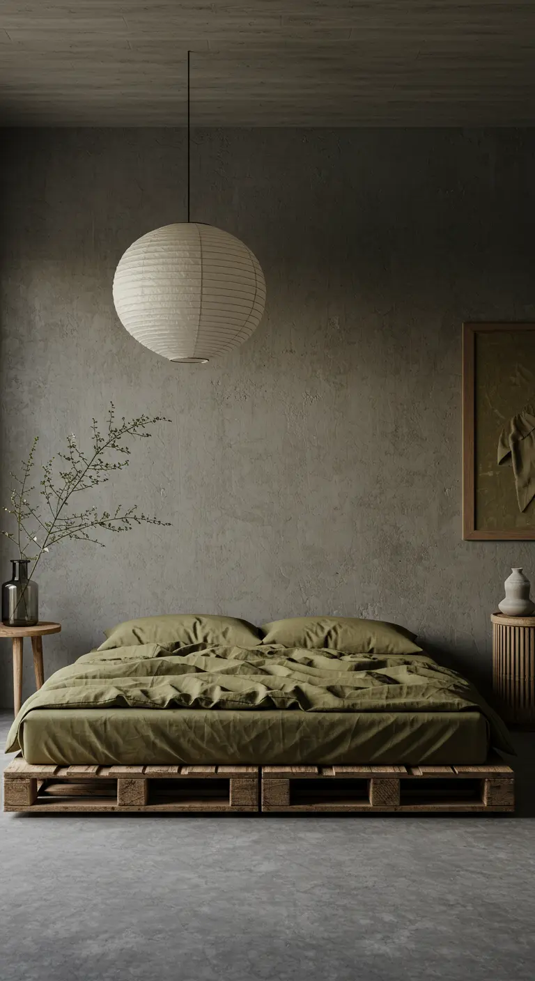 Dormitorio wabi-sabi con paredes de cemento, cama de palets y ropa de cama verde oliva.