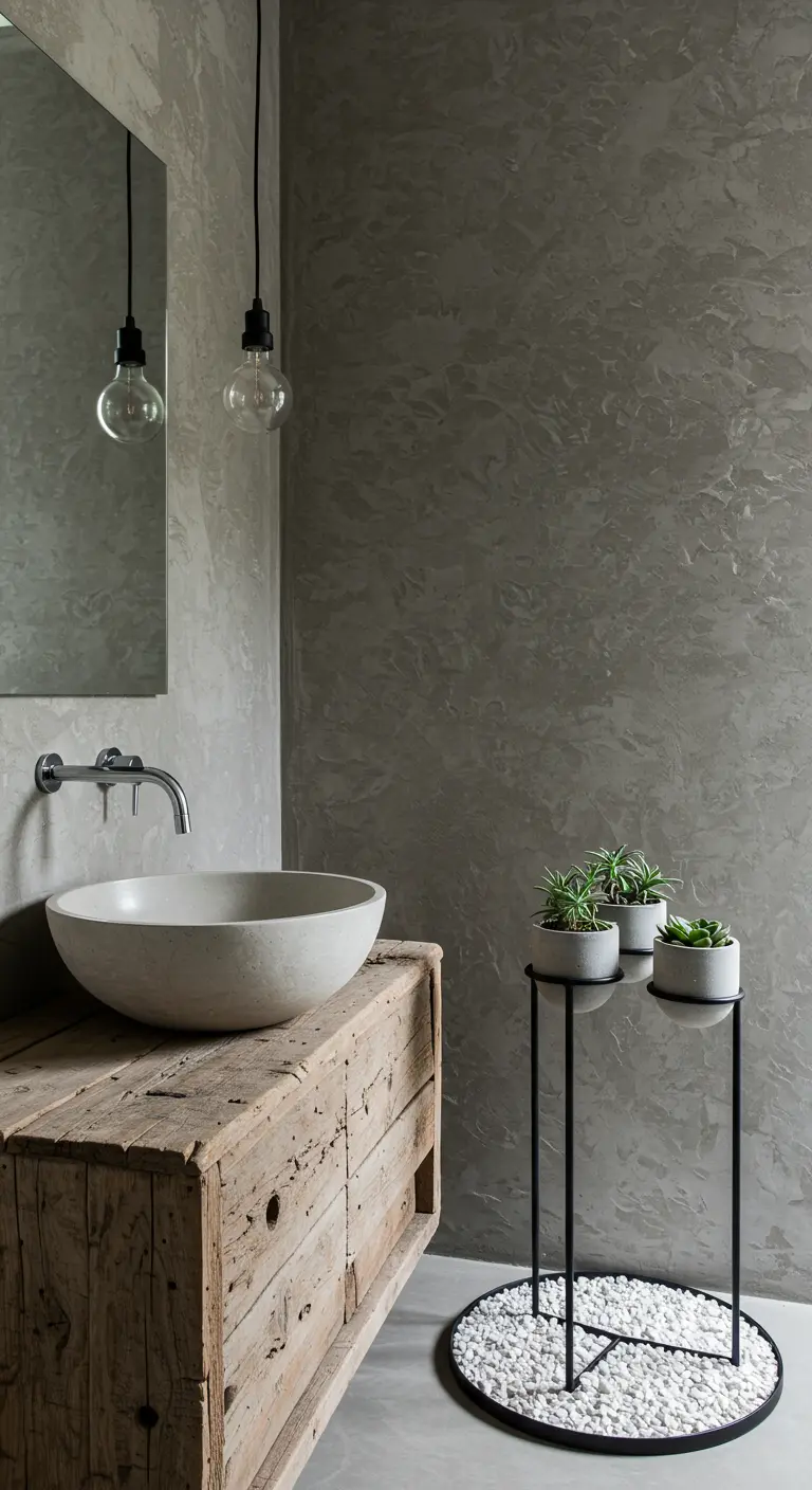 Baño de estilo industrial con paredes de cemento, mueble de madera rústica y lavabo de piedra.