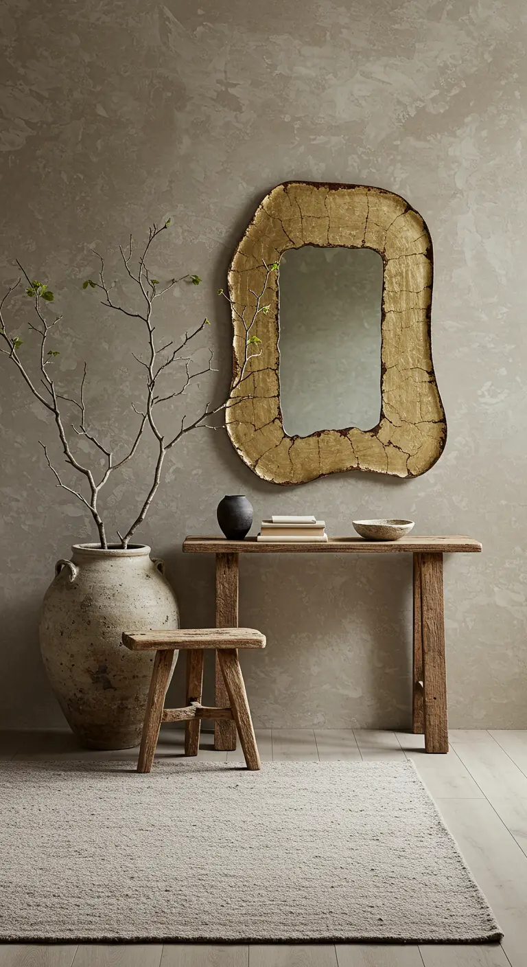 Entrada de estilo wabi-sabi con paredes texturizadas, consola rústica y espejo dorado irregular.