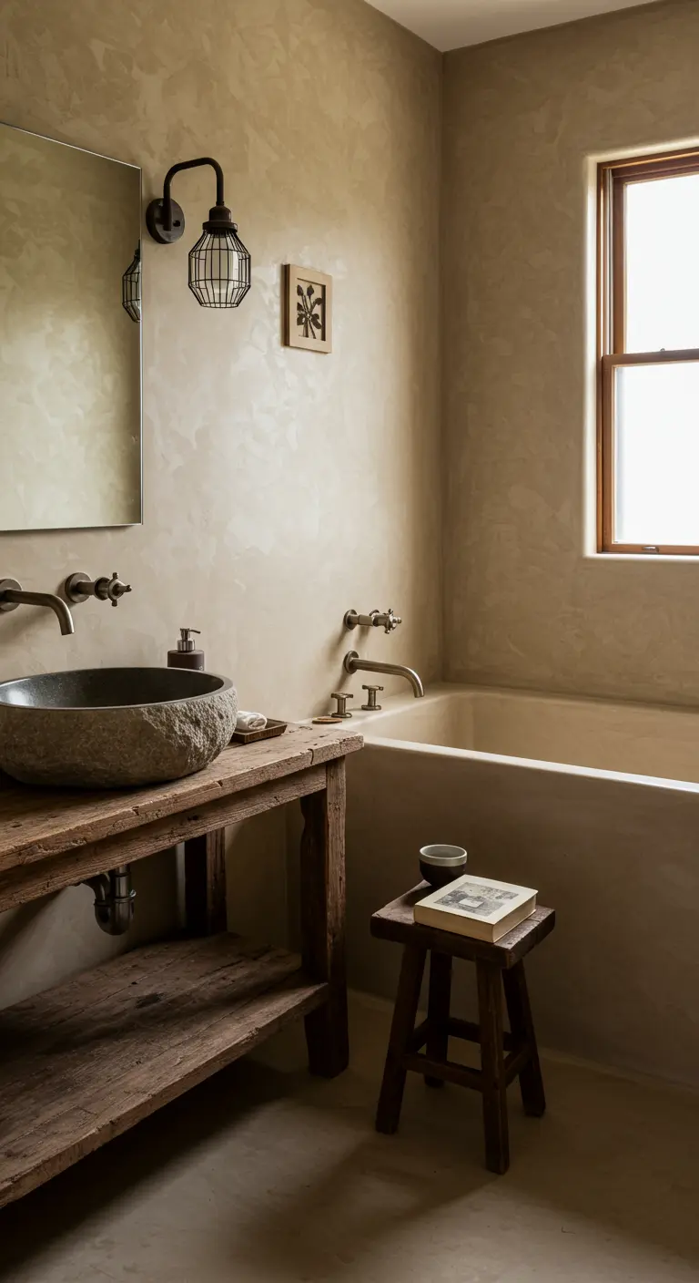 Baño rústico estilo wabi-sabi con paredes de estuco, lavabo de piedra y taburete de madera.