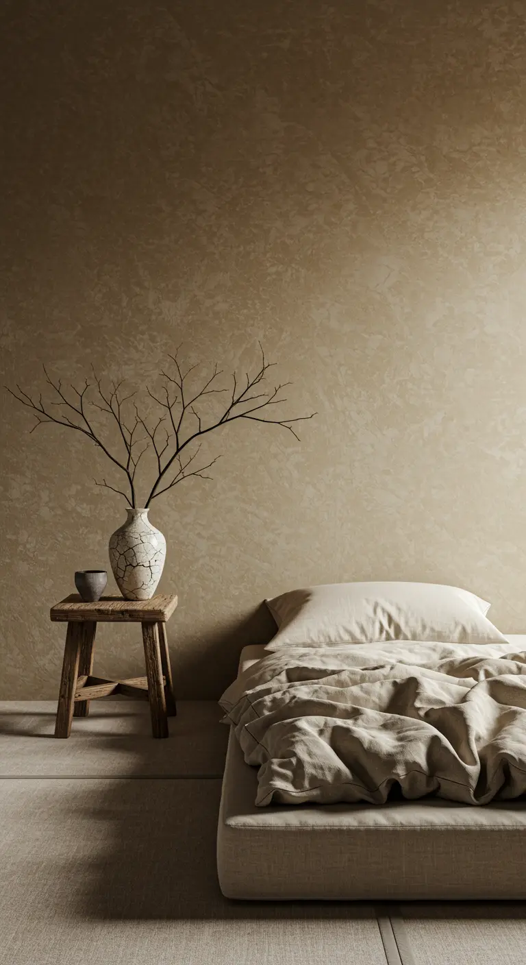 Dormitorio wabi-sabi minimalista con paredes texturizadas y un jarrón con ramas secas.