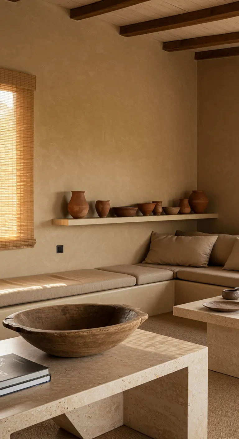 Sala de estar de estilo mediterráneo con sofá de obra, paredes texturizadas y cerámica artesanal.