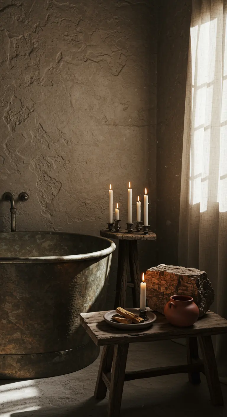 Baño rústico con paredes texturizadas, bañera de cobre y velas delgadas en candelabros.