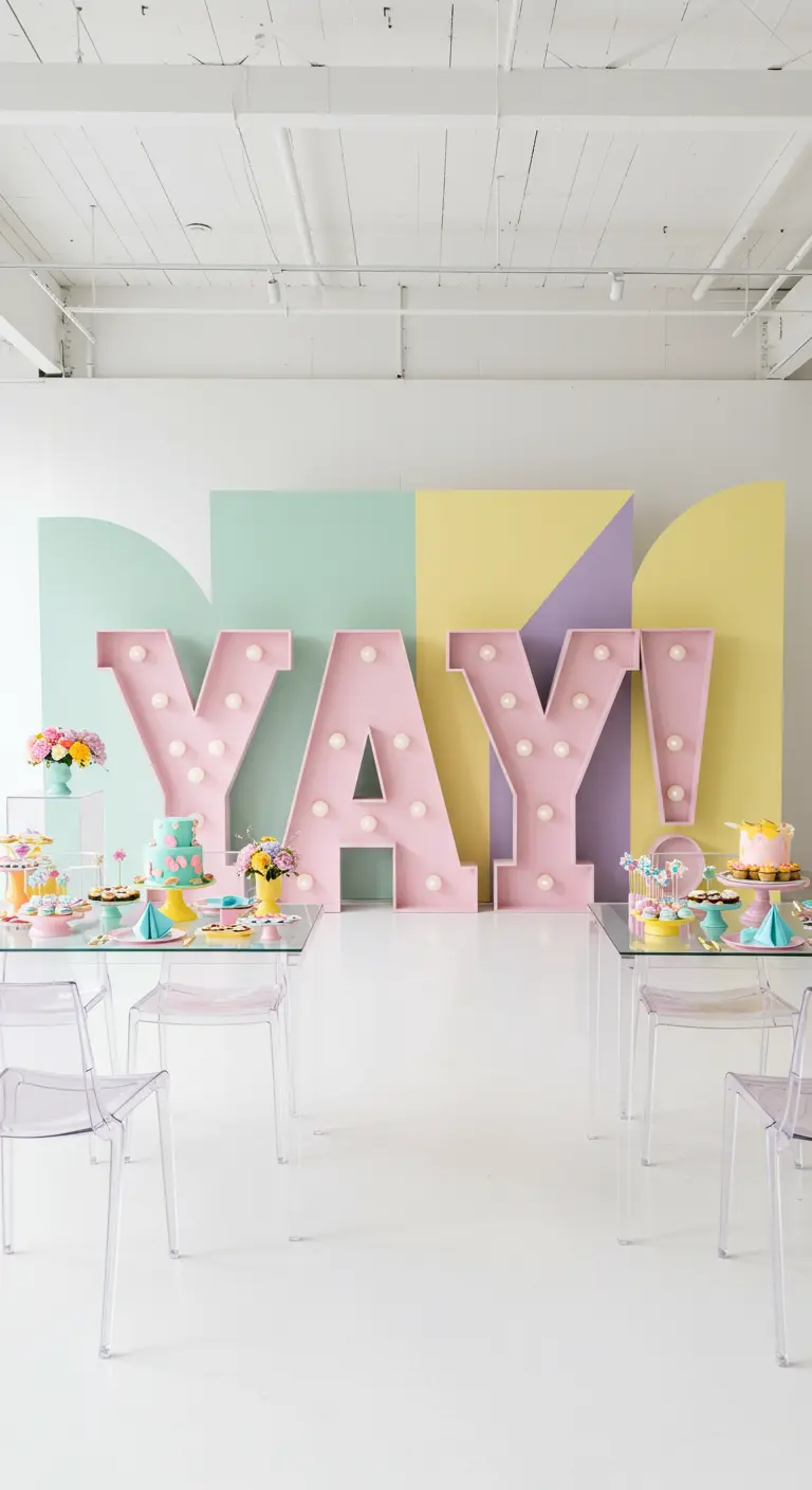 Letras 'YAY!' en rosa pastel iluminadas con un fondo geométrico de colores pastel y mesas de postres.