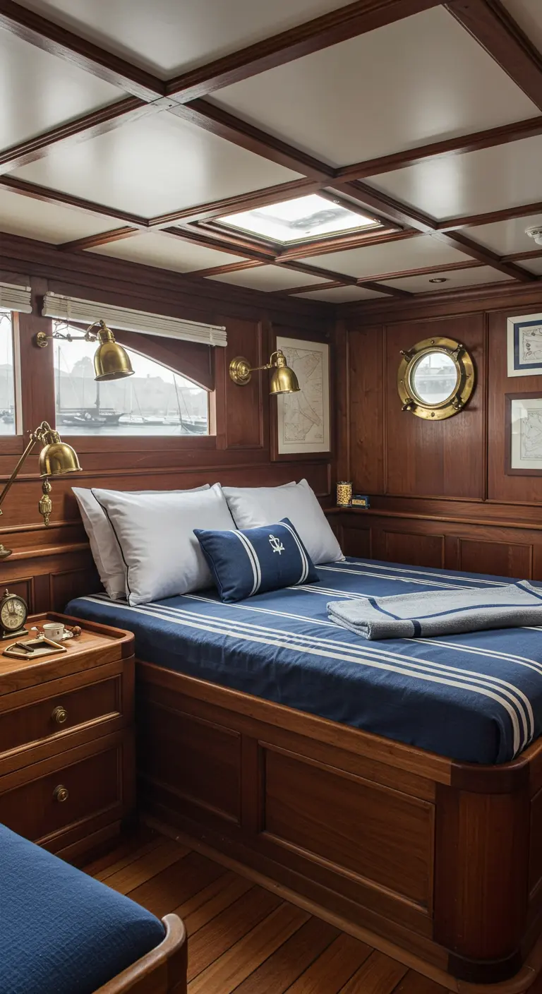 Interior de un camarote de yate de lujo con paneles de madera, cama con ropa azul y blanca, y detalles de latón.