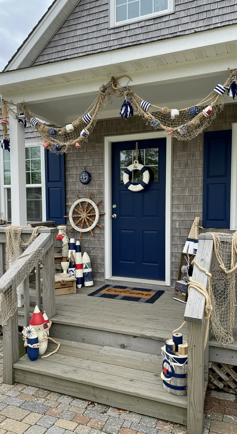 Porche de cumpleaños con decoración náutica, incluyendo redes de pesca, boyas y un timón.
