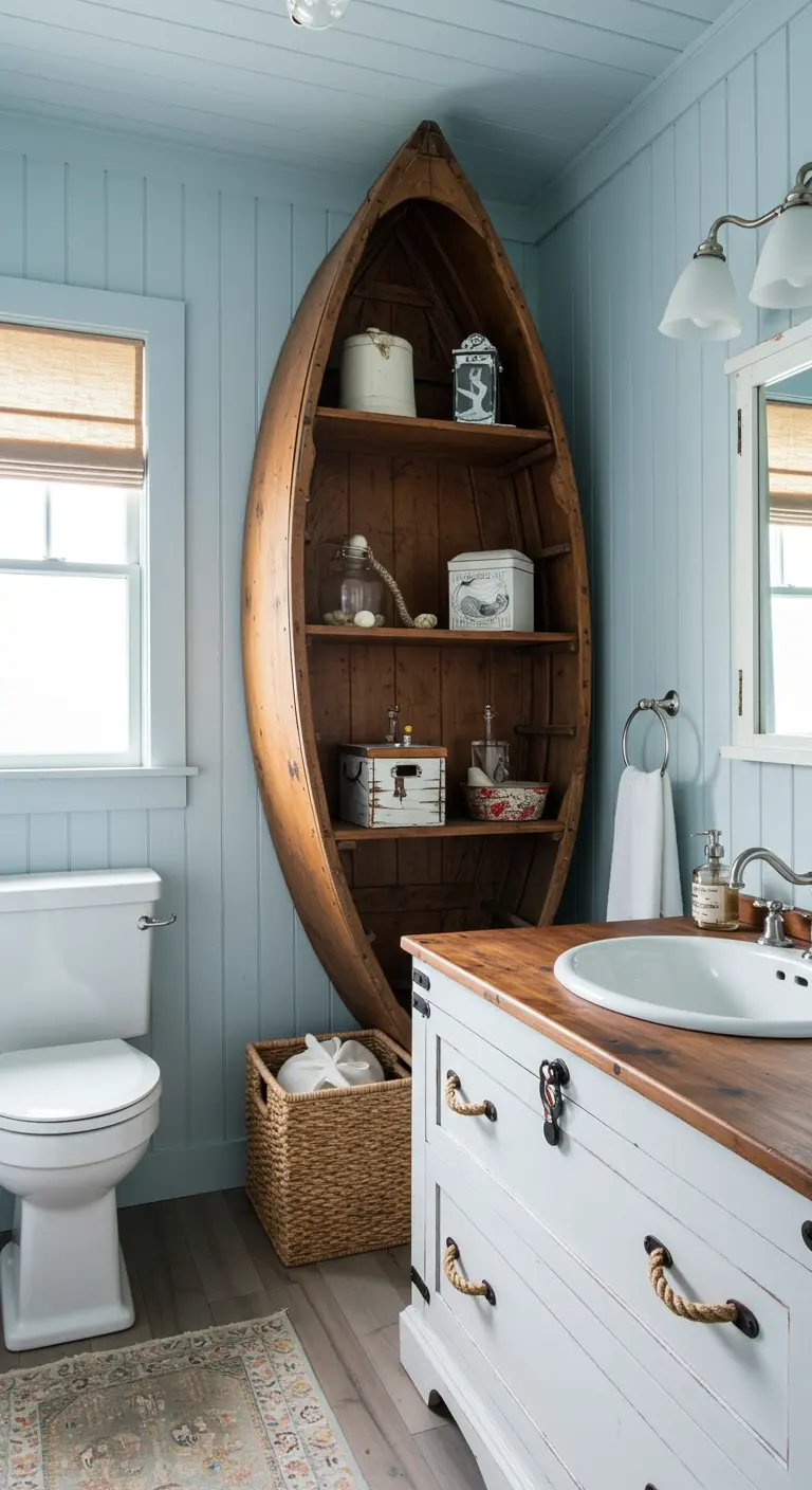 Baño de estilo náutico con una barca de madera colocada en vertical como estantería.
