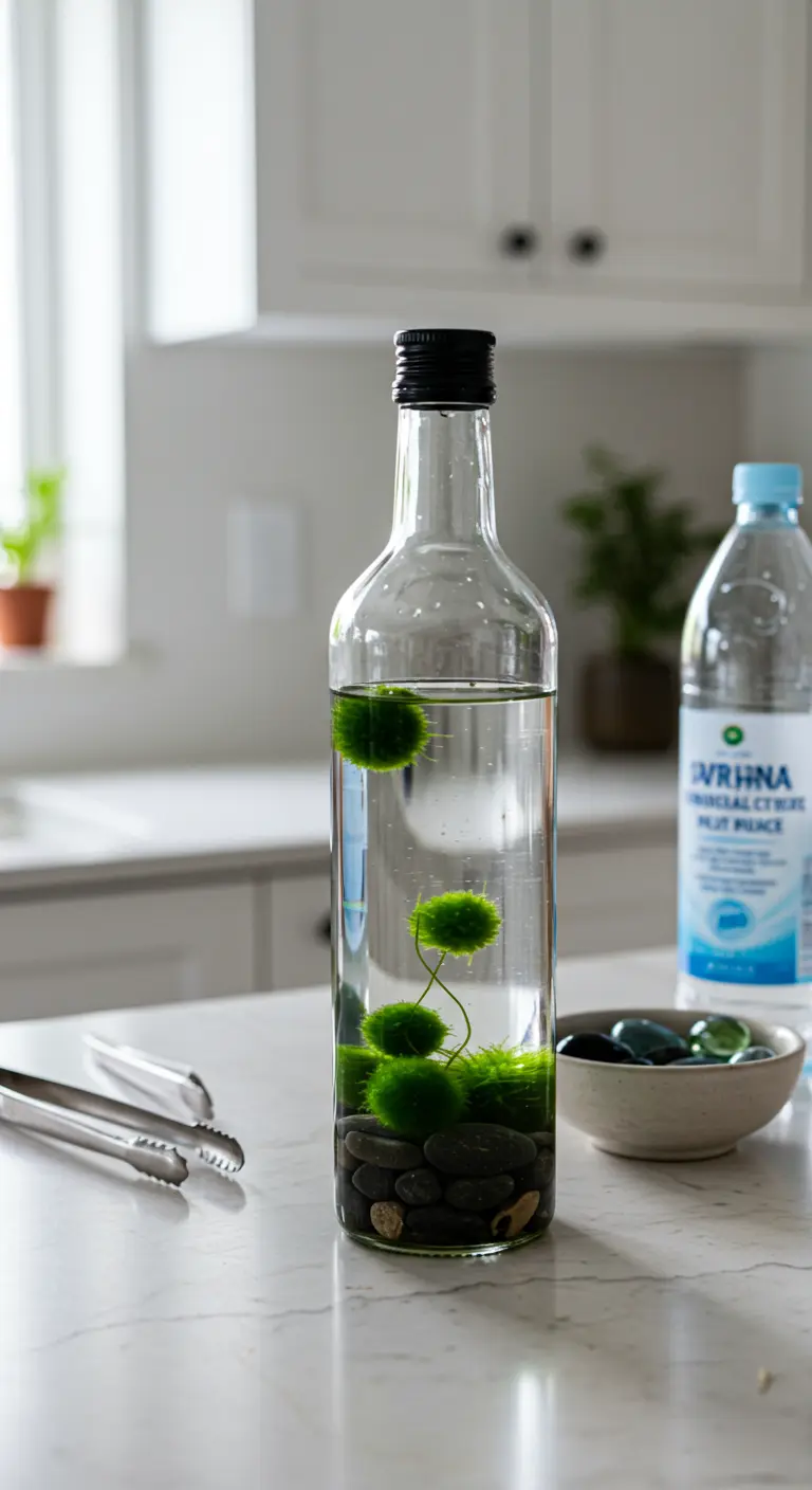 Una botella de vidrio transparente con agua, piedras de río y varias bolas de musgo Marimo flotando.