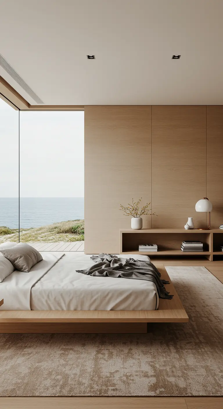 Dormitorio con paredes de madera clara y una gran ventana con vistas al mar.